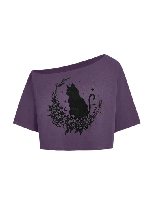 Purple gothic crop top featuring mystical black cat silhouette with floral wreath, stars, and crescent moon - alternative fashion S-5XL