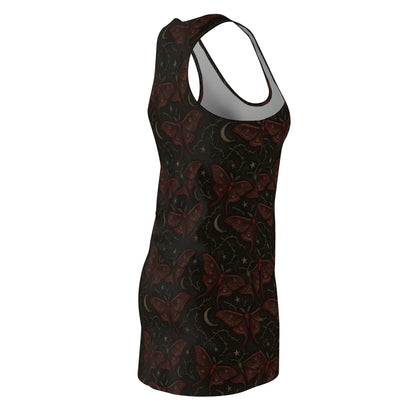 Crimson Muse gothic maxi dress in crimson tones 
Black dress with crimson red moth pattern on a white background
Edgy butterfly pattern punk rock dress