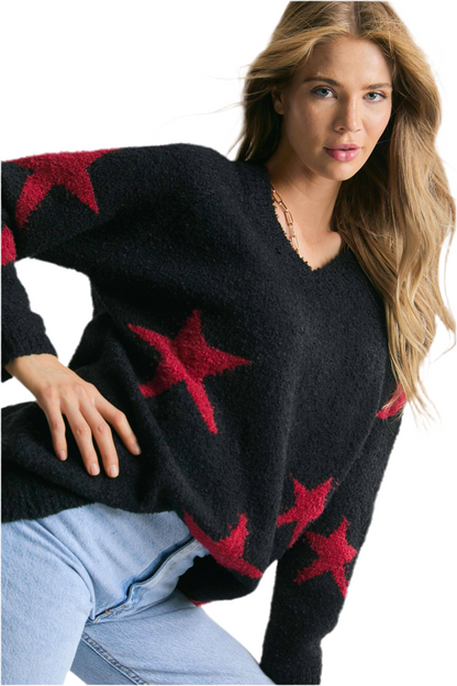 Oversized gothic sweater with star print design
V-neck grunge knit sweater with star motif
Alternative fashion oversized knit sweater in gothic style