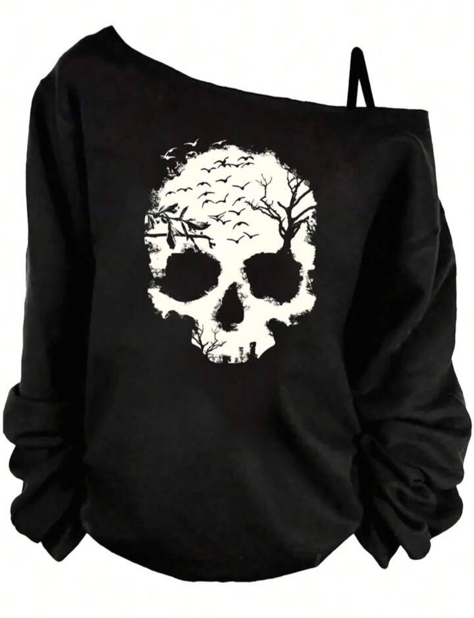 Off-shoulder black sweatshirt with white skull-and-tree design
