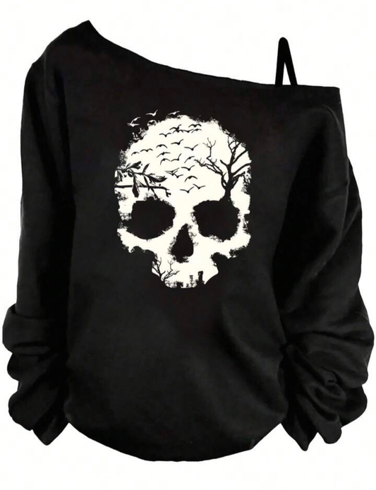 Off-shoulder black sweatshirt with white skull-and-tree design
