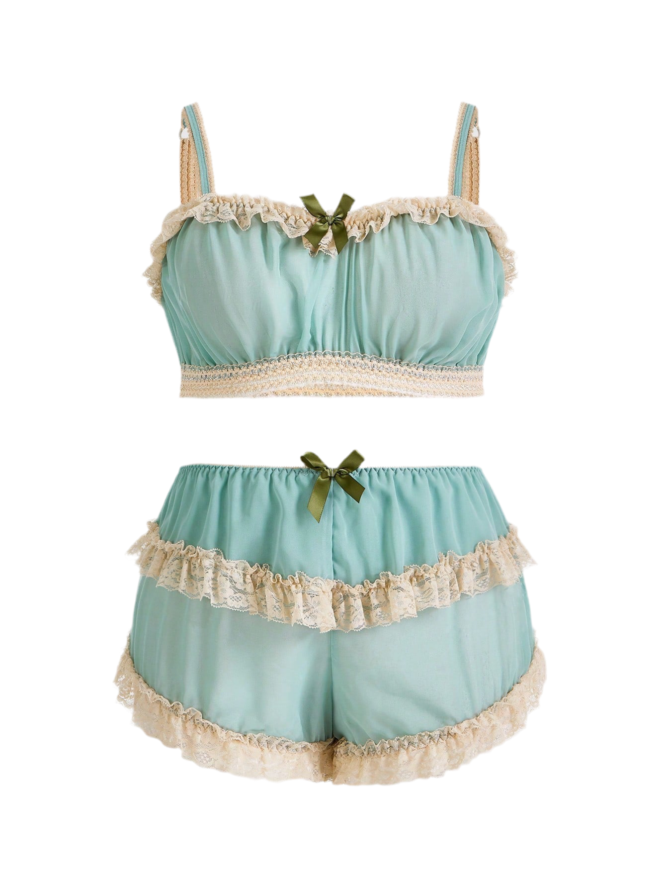 Front view of Midnight Fairy core loungewear set showing intricate lace placement