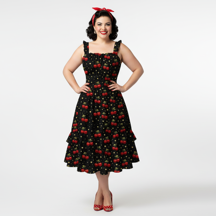 Cherry Bomb Tiered Sundress | Black Cherry Print Strappy Midi Dress with Tiered Skirt