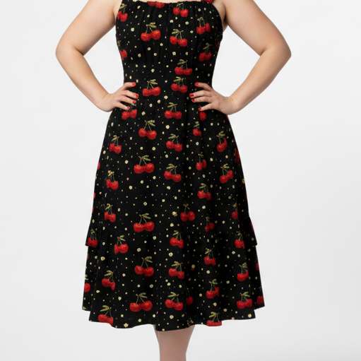 Cherry Bomb Tiered Sundress | Black Cherry Print Strappy Midi Dress with Tiered Skirt