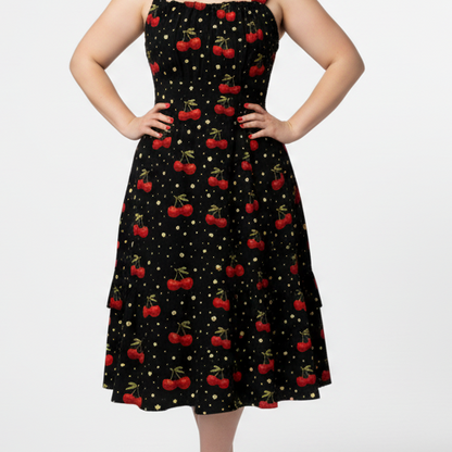 Cherry Bomb Tiered Sundress | Black Cherry Print Strappy Midi Dress with Tiered Skirt