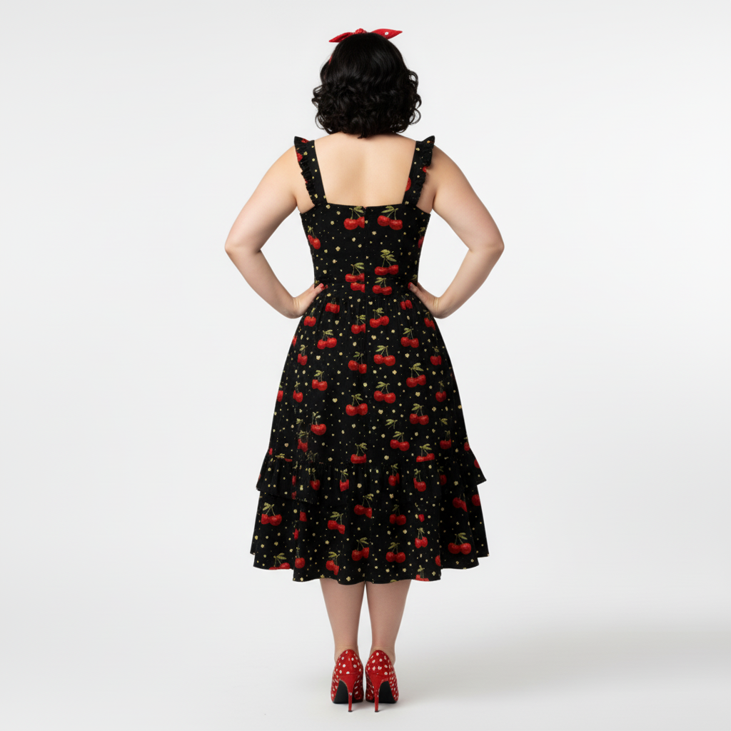 Cherry Bomb Tiered Sundress | Black Cherry Print Strappy Midi Dress with Tiered Skirt