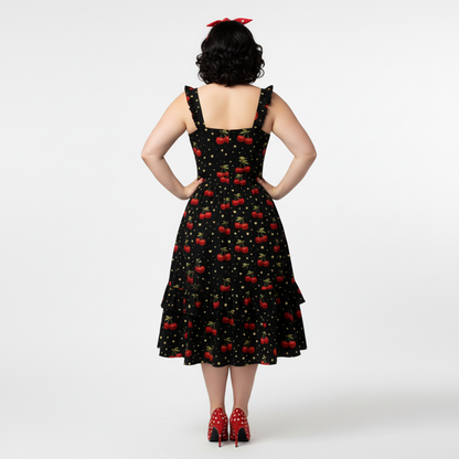 Cherry Bomb Tiered Sundress | Black Cherry Print Strappy Midi Dress with Tiered Skirt