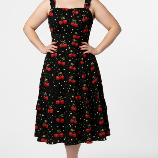 Cherry Bomb Tiered Sundress | Black Cherry Print Strappy Midi Dress with Tiered Skirt
