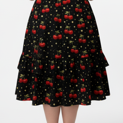 Cherry Bomb Tiered Sundress | Black Cherry Print Strappy Midi Dress with Tiered Skirt
