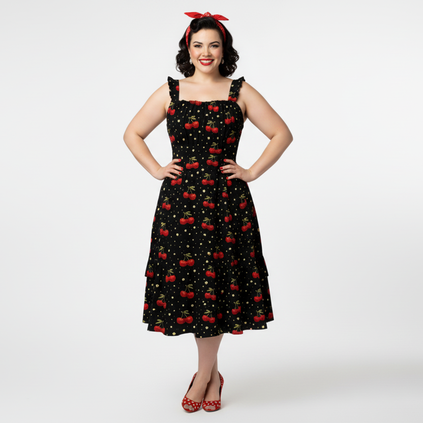 Cherry Bomb Tiered Sundress | Black Cherry Print Strappy Midi Dress with Tiered Skirt
