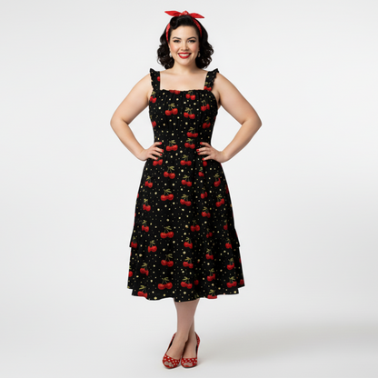 Cherry Bomb Tiered Sundress | Black Cherry Print Strappy Midi Dress with Tiered Skirt