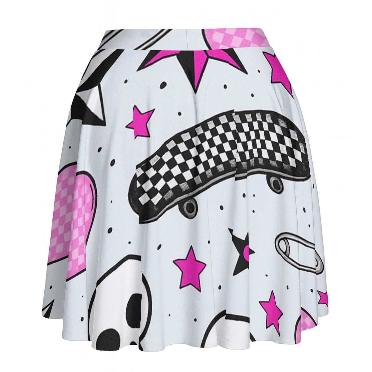 Sticker Riot Skater Skirt | High-Waisted Flared Mini Skirt (Skate + Checkers + Pink Stars + Safety Pin)