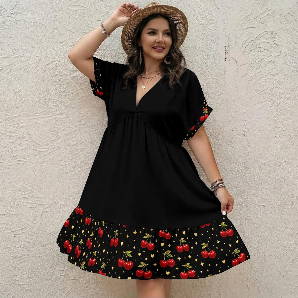 Cherry After Dark Babydoll Dress | Black V-Neck Swing Dress with Cherry Hem (Curvy-Friendly)