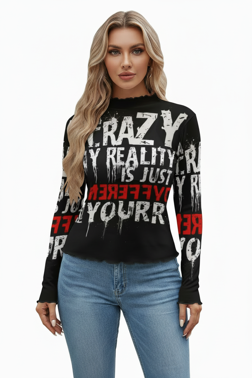 Midnight Rock Heart Mock Neck Mesh Top