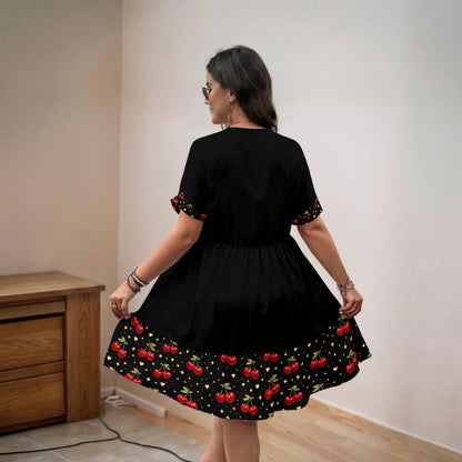 Cherry After Dark Babydoll Dress | Black V-Neck Swing Dress with Cherry Hem (Curvy-Friendly)