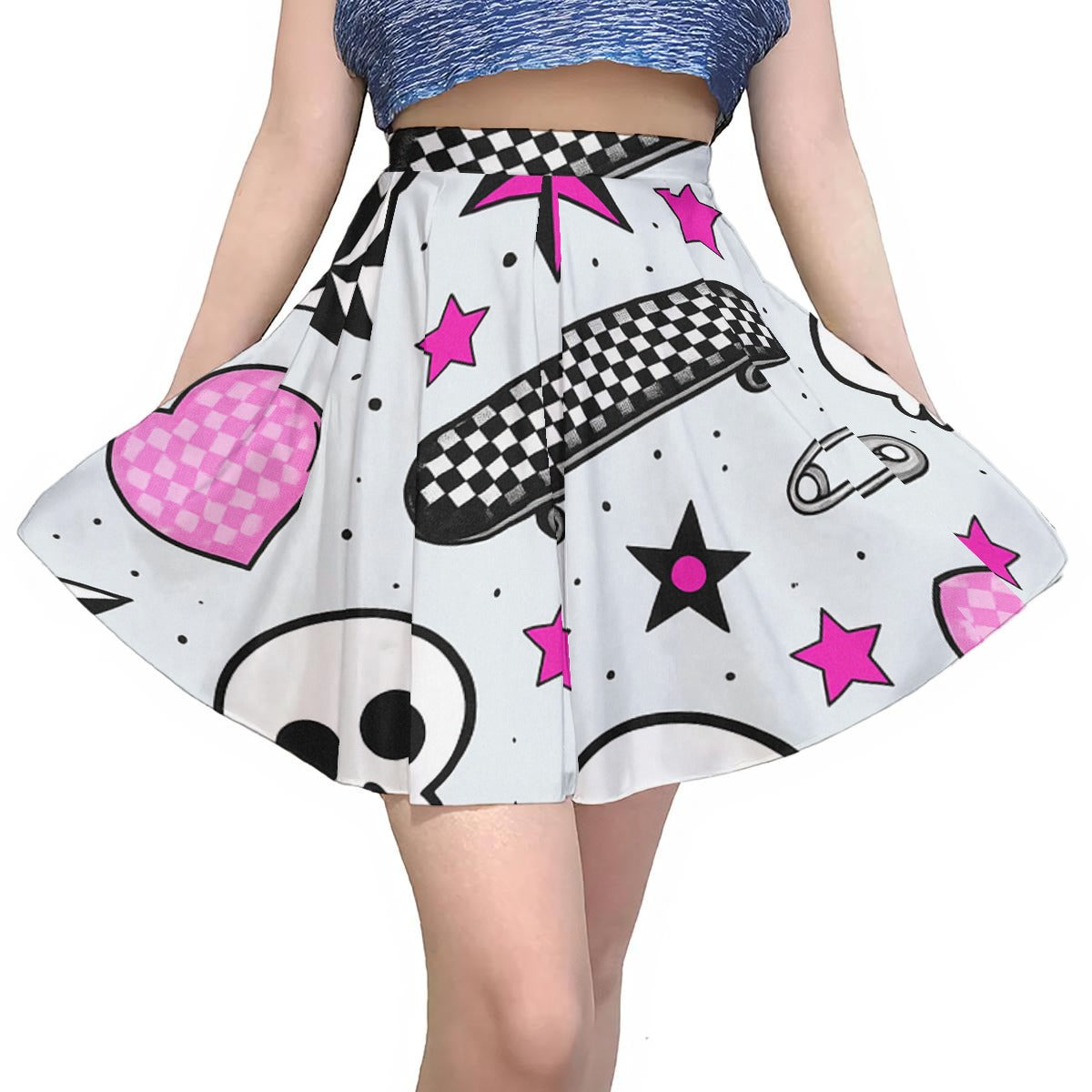 Sticker Riot Skater Skirt | High-Waisted Flared Mini Skirt (Skate + Checkers + Pink Stars + Safety Pin)