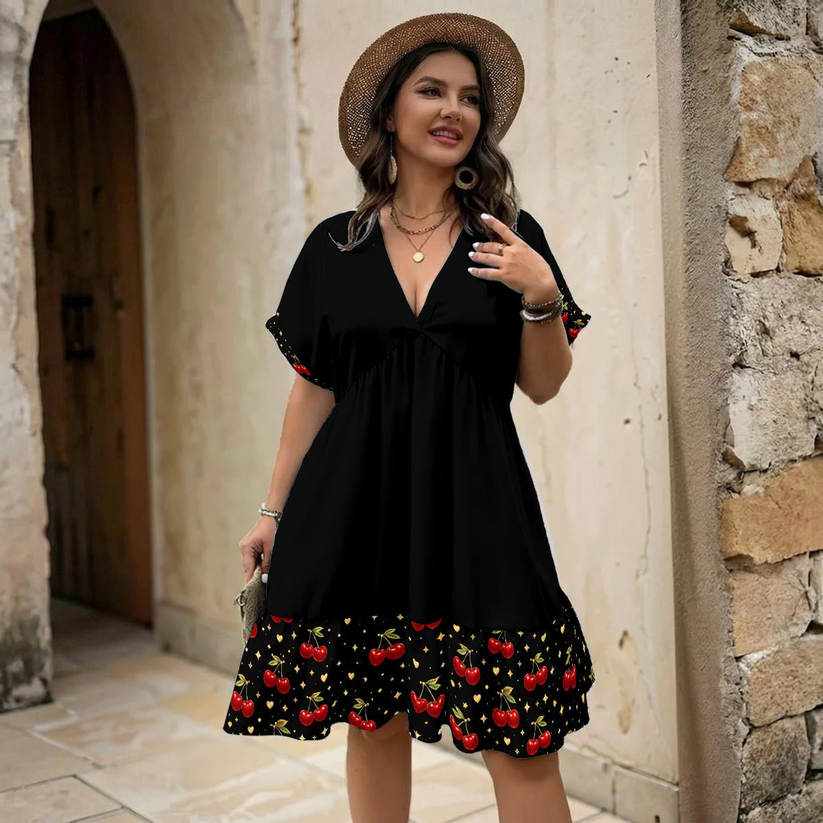 Cherry After Dark Babydoll Dress | Black V-Neck Swing Dress with Cherry Hem (Curvy-Friendly)