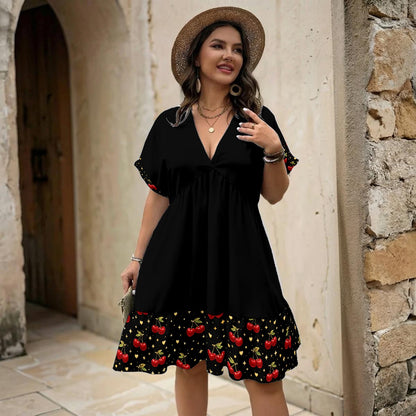 Cherry After Dark Babydoll Dress | Black V-Neck Swing Dress with Cherry Hem (Curvy-Friendly)