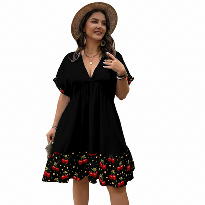 Cherry After Dark Babydoll Dress | Black V-Neck Swing Dress with Cherry Hem (Curvy-Friendly)