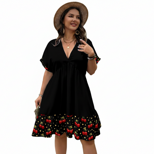 Cherry After Dark Babydoll Dress | Black V-Neck Swing Dress with Cherry Hem (Curvy-Friendly)