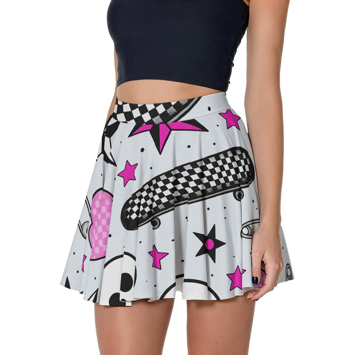 Sticker Riot Skater Skirt | High-Waisted Flared Mini Skirt (Skate + Checkers + Pink Stars + Safety Pin)