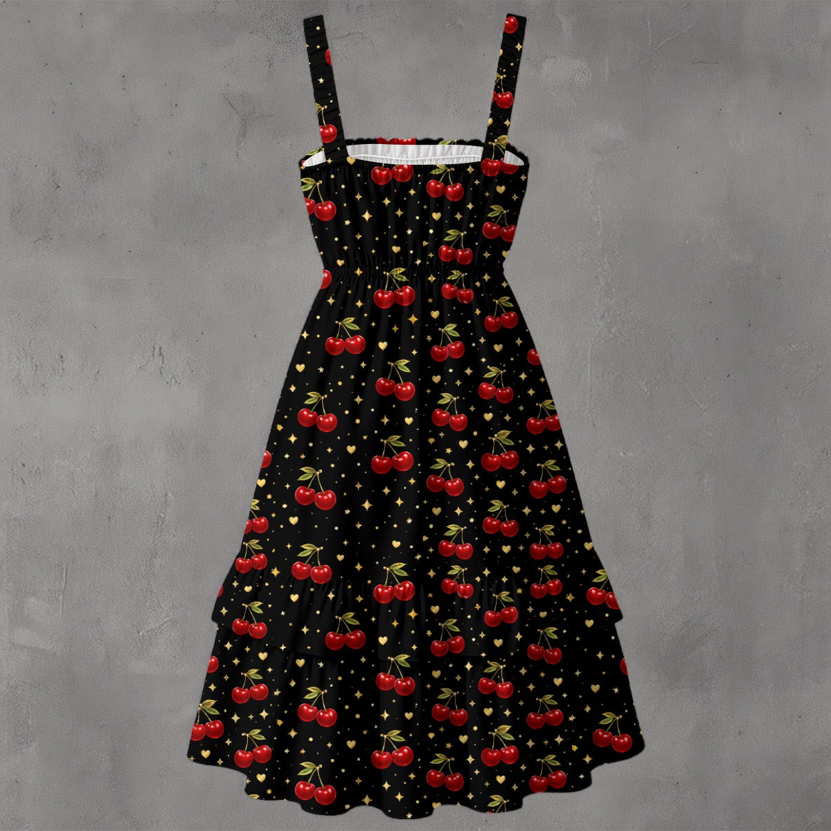 Cherry Bomb Tiered Sundress | Black Cherry Print Strappy Midi Dress with Tiered Skirt