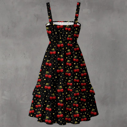Cherry Bomb Tiered Sundress | Black Cherry Print Strappy Midi Dress with Tiered Skirt