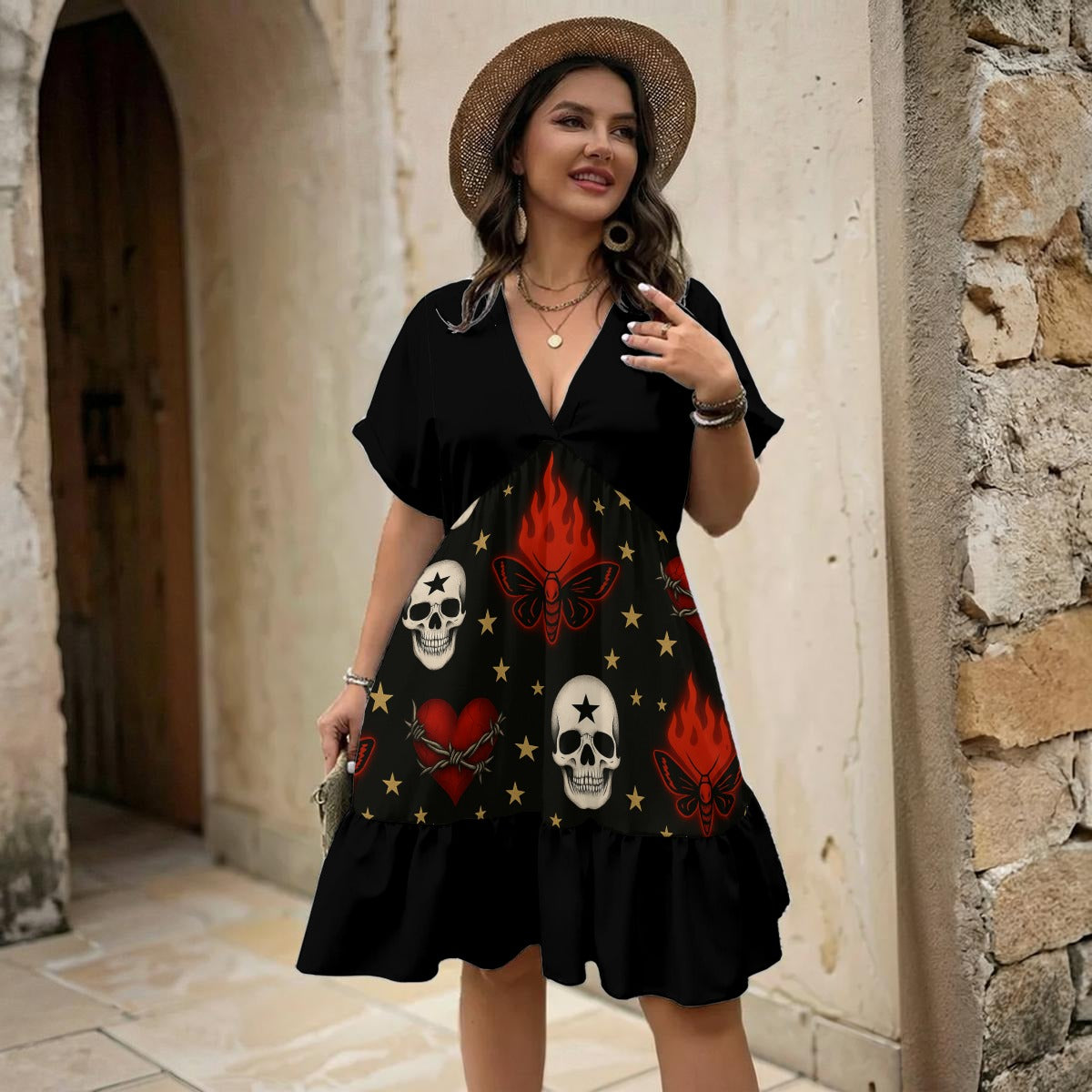 Starfall Skulls Babydoll Dress — Gothic Statement Silhouette