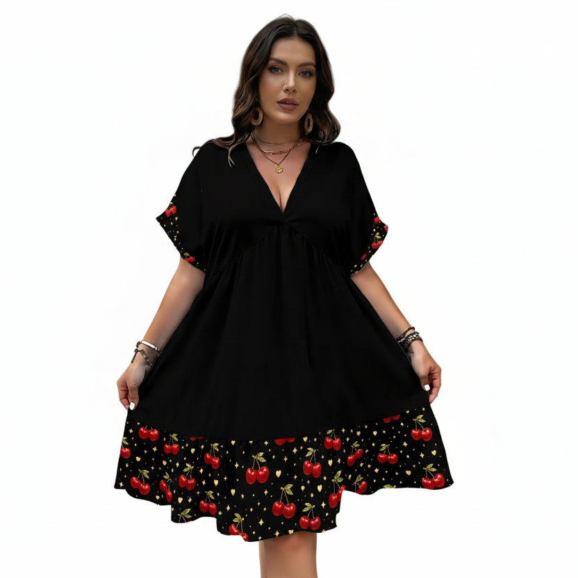 Cherry After Dark Babydoll Dress | Black V-Neck Swing Dress with Cherry Hem (Curvy-Friendly)