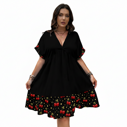 Cherry After Dark Babydoll Dress | Black V-Neck Swing Dress with Cherry Hem (Curvy-Friendly)
