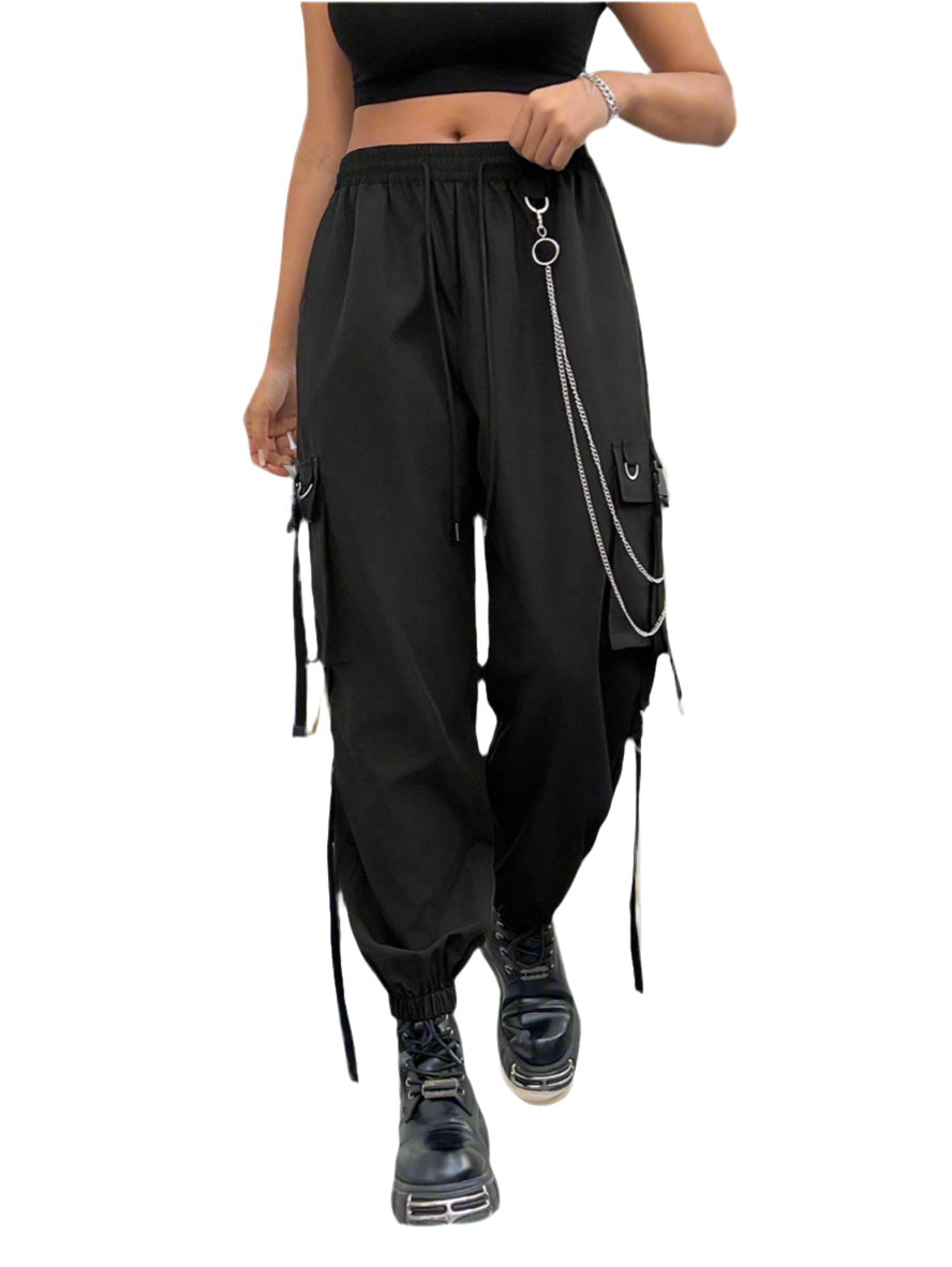 Edgy cargo pants with chain details - alternative fashion featuring edgy design and inclusive sizing S-5XL