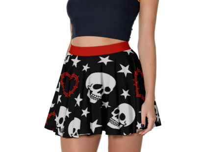 Heartwired Skater Skirt | High-Waisted Flared Mini Skirt (Skulls + Stars + Barbed Hearts)