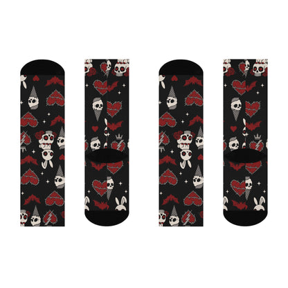 Cryptstep cushioned crew socks with gothic design
Alternative fashion punk rock socks with gothic motif
Edgy gothic crew socks for daily wear and festivals
