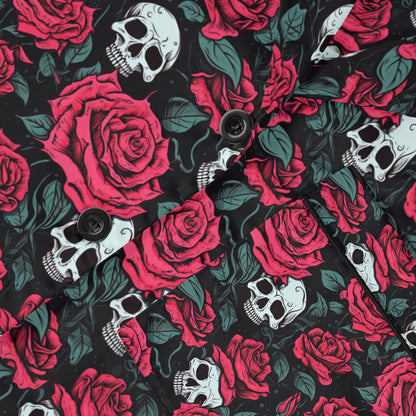 Close-up of satin fabric showing intricate skull and rose print
