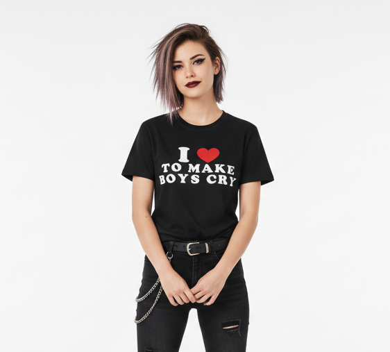 Person wearing a black t-shirt with text and a heart symbol on a white background