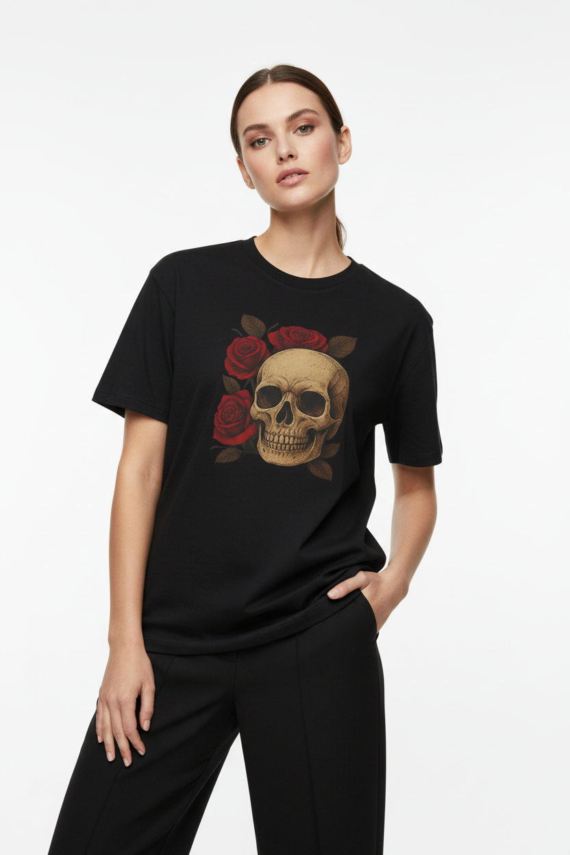 Person wearing a black t-shirt with a skull and roses design on a white background