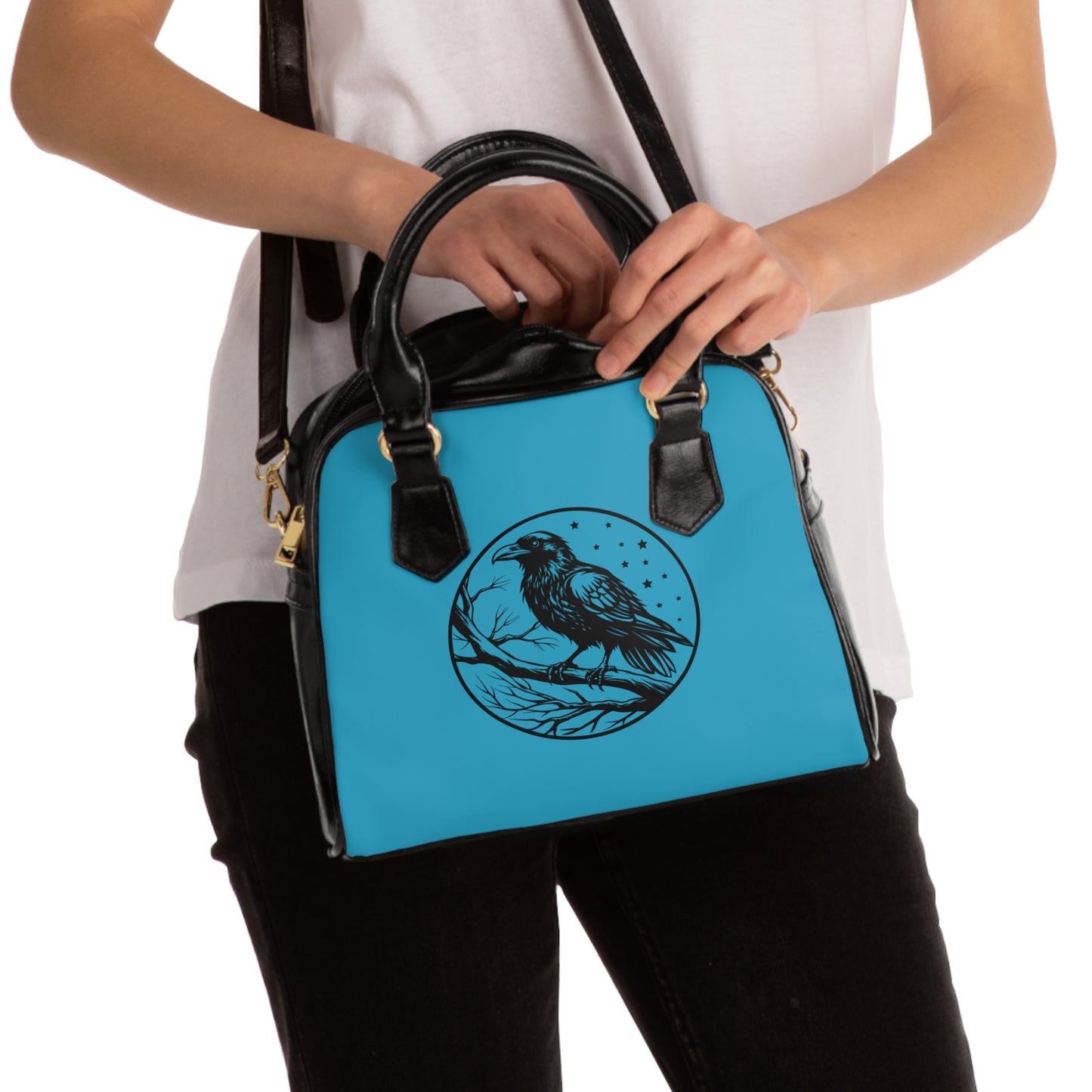 Gothic shoulder bag with raven design and azure accents - alternative fashion handbag featuring mystical dark style with blue details