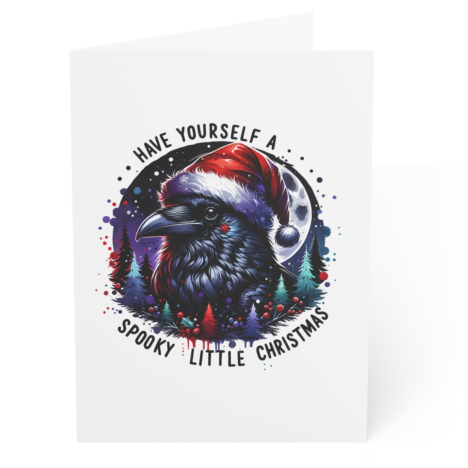 Card with a raven wearing a Santa hat and Christmas trees, text 'Have Yourself a Spooky Little Christmas' on a white background.