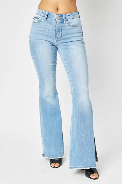 Full Size/Plus Size Mid Rise Raw Hem Slit Flare Judy Blue Jeans