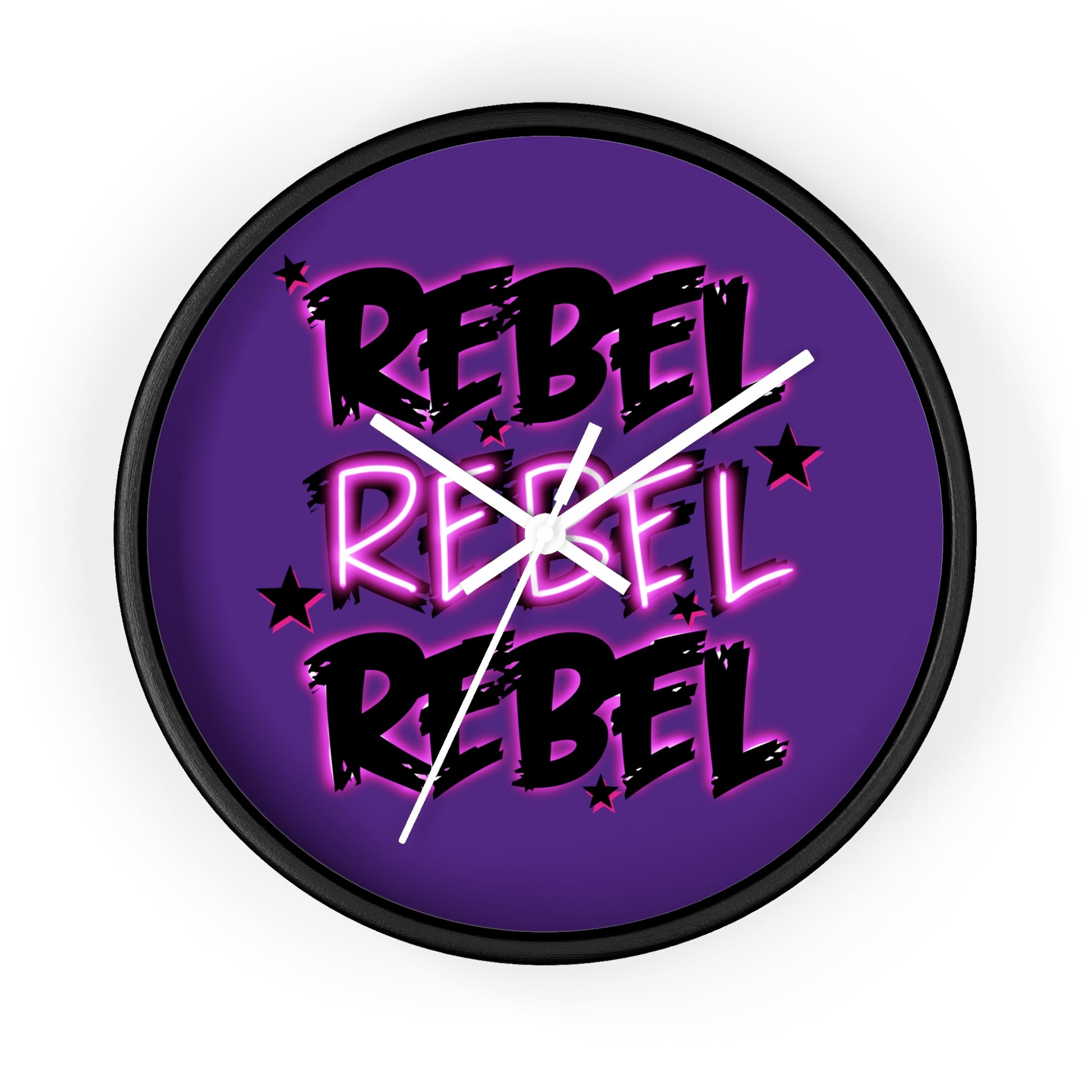 Rock and roll inspired wall clock with REBEL text - music lover's home decor featuring bold design and modern style
