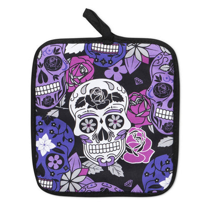 Juego de manoplas y agarraderas para horno con calavera de azúcar color lila