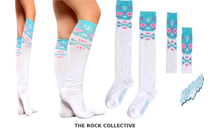 White sugar skull socks with gothic print
Alternative fashion crew socks with sugar skull design
Punk rock novelty socks in white with skull motif
