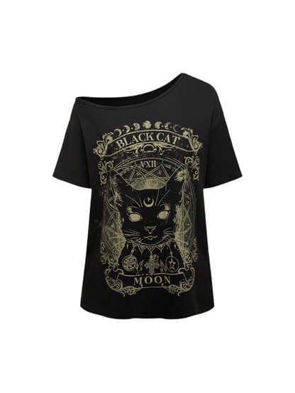 Alternative black cat t-shirt with drop shoulder - casual summer fashion featuring mystical feline design and inclusive sizing S-5XL