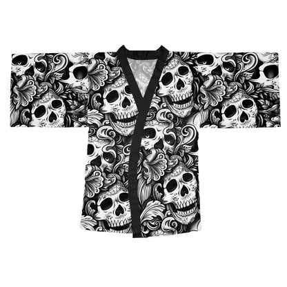 Alternative skull print kimono robe - dark elegant loungewear featuring flowing design and inclusive sizing S-5XL