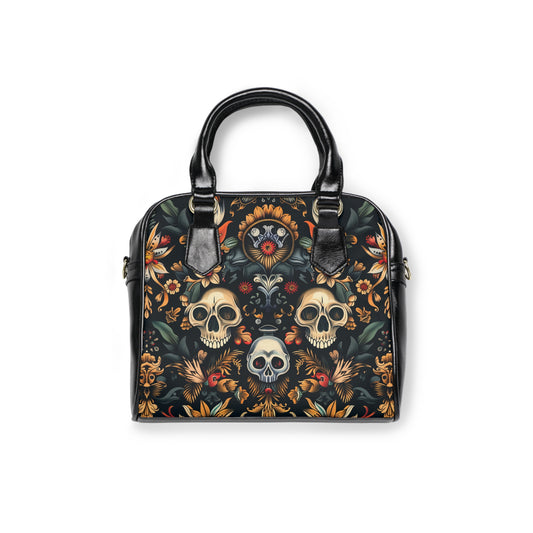 Gothic shoulder bag with skeleton design - alternative fashion handbag featuring macabre bone pattern and dark elegant style
