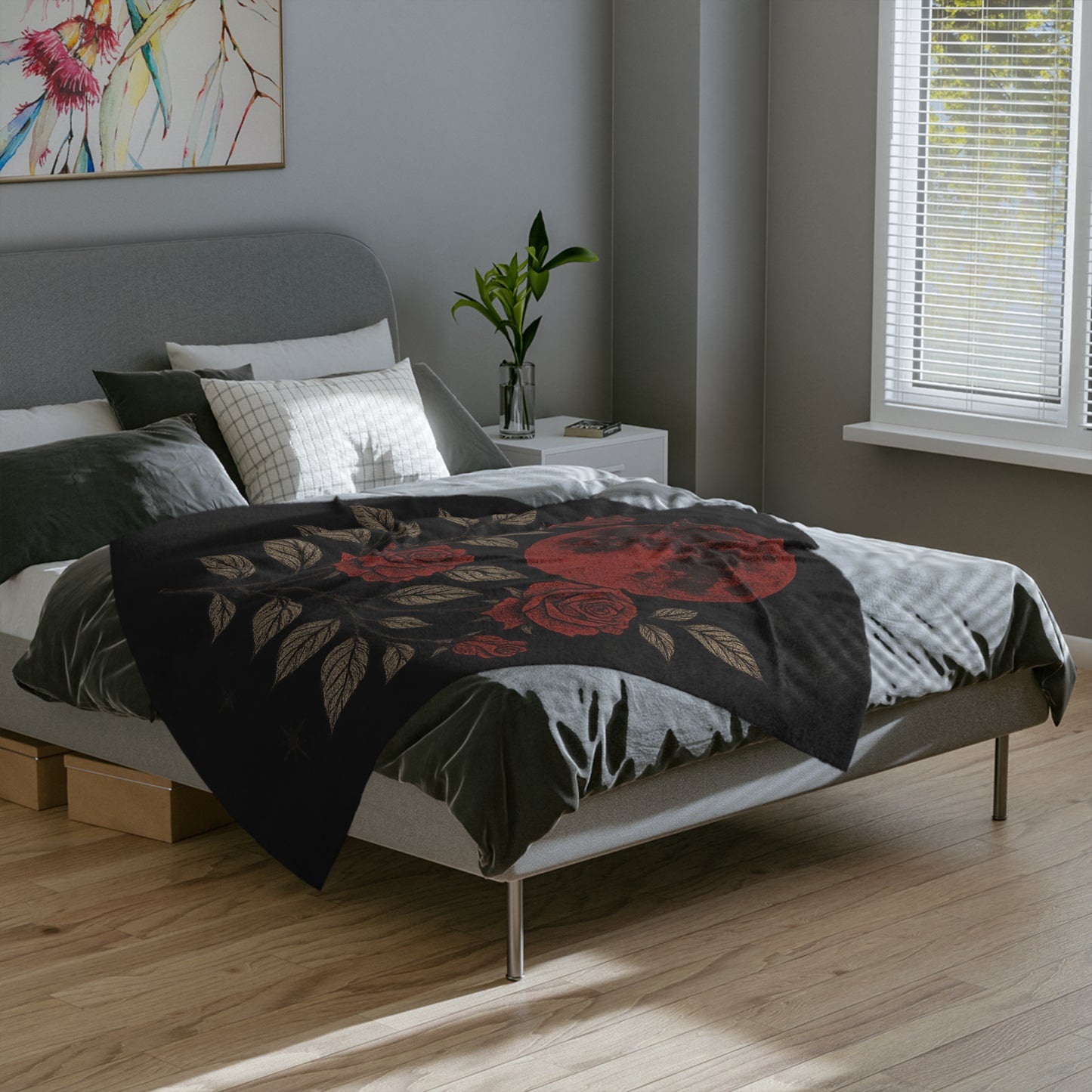 Thornveil gothic blanket with skull and rose motif
Alternative fashion velveteen blanket for gothic home decor
Edgy punk rock microfiber throw with skull and rose design