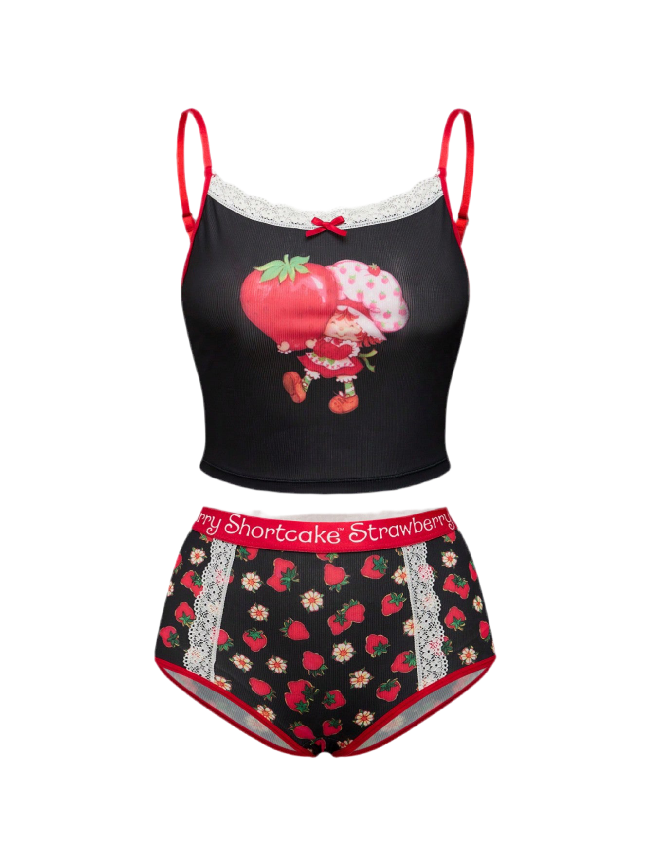 Front view of Strawberry Shortcake loungewear set showing relaxed-fit design and placement of strawberry pattern