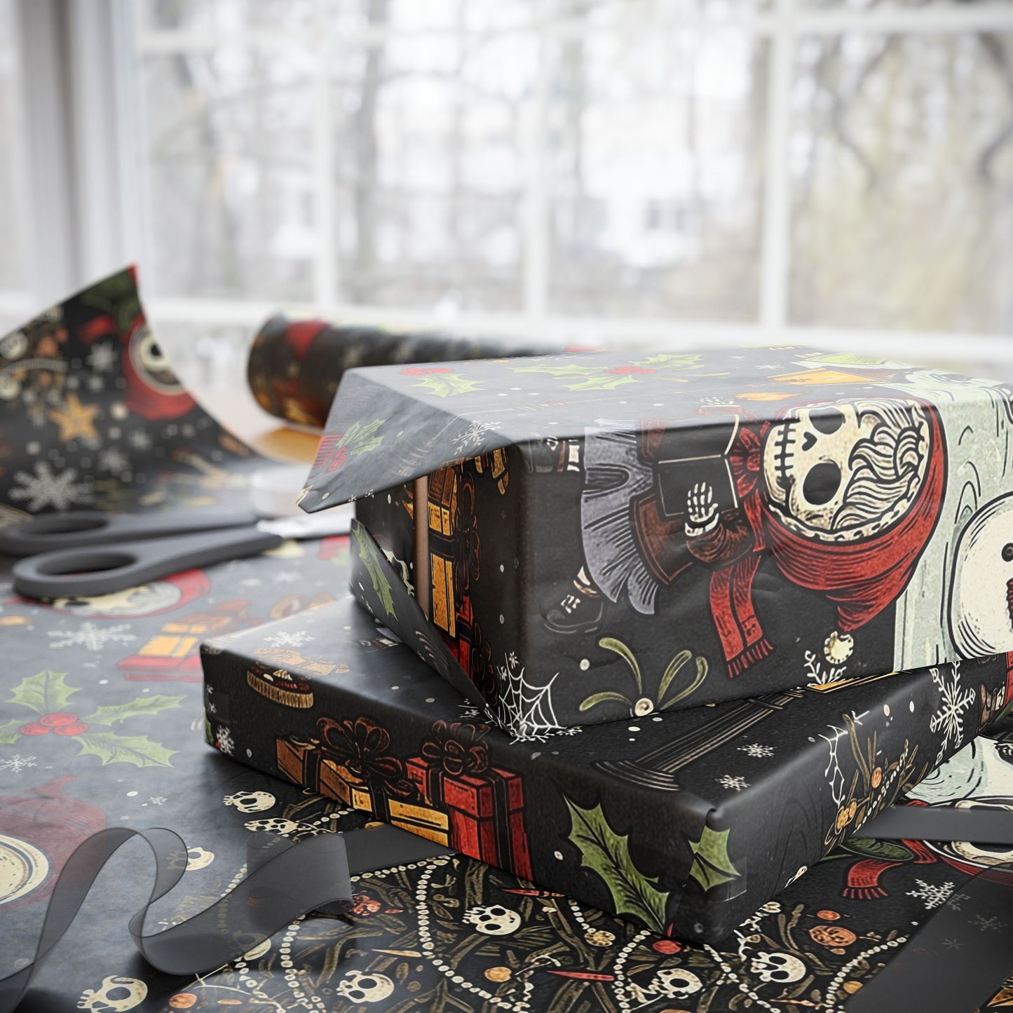Deck The Halls With Little Skulls In Black Holiday Wrapping Paper In Black - Pack of 10