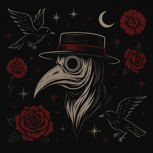 Plague Doctor, Raven, Moon, Stars, Roses Close Up Digital Image