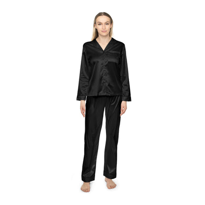"Luxurious black satin pajama set with notch lapel collar and custom rebel design, showcasing alternative loungewear elegance"

